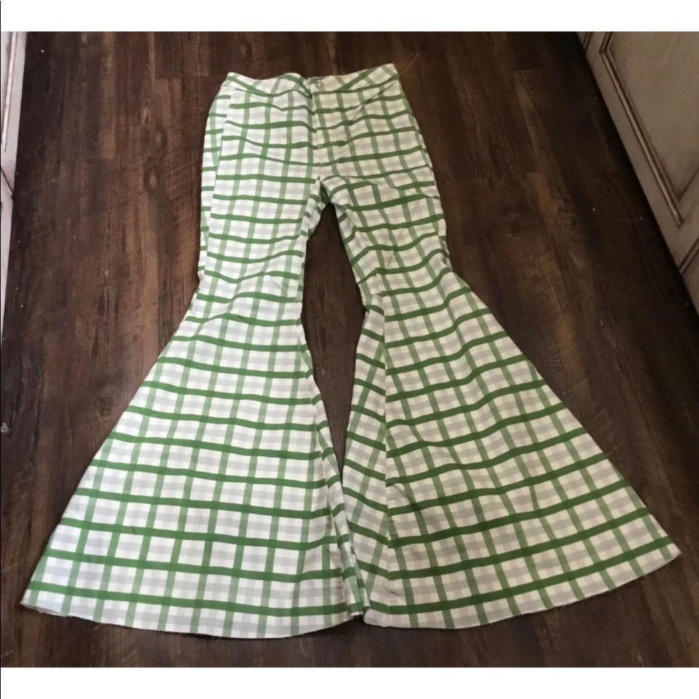 Free People Just Float On Flare Jean Extreme Gingham Mint Green Fray Hem - Picture 4 of 5